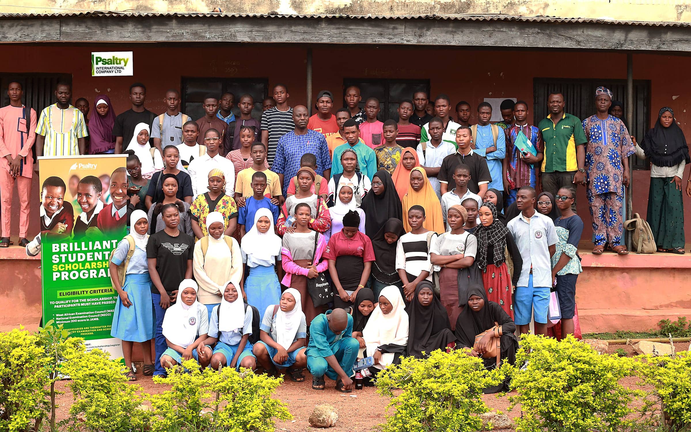 Students and families gathered outside a rural school in Oyo State for a Psaltry Foundation scholarship screening